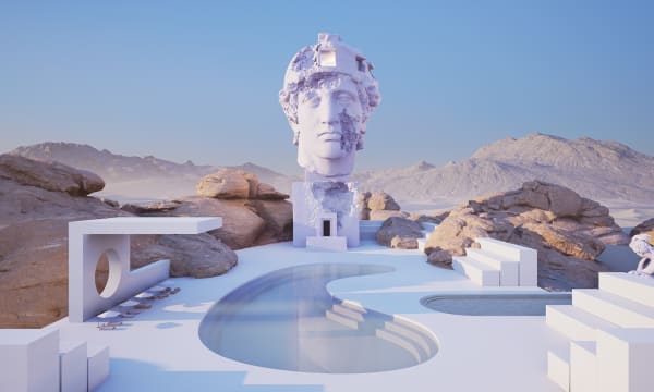 A white, futuristic pool-like landscape with a decaying white marble head statue perched above it. Behind, dusk-mountain scenery with rocks of a pink and sand-colored hue.