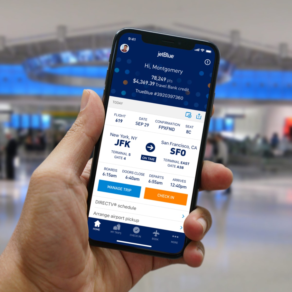 mobile screen showing Jet Blue travel app