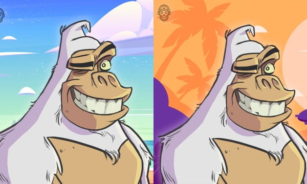 Two images of cartoon apes. Left: ape with white fur winks at camera, visible from its chest up, in front of a blue-green beach skyline. Right: ape with white fur winks at camera, visible from its chest up, in front of an orange and purple backdrop.